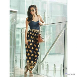 Balloon Leg Flowy Draped Harem Pants Joggers Black Gold Elephant Print Size XS/S